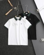 Lacoste Polo Shirt Contrast Collar Crocodile Logo White Black
