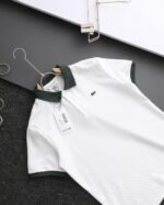 Lacoste Polo Shirt Contrast Collar Crocodile Logo White Black - Image 4