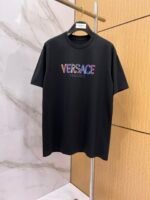 Versace T-Shirt Colorful Logo Print Crew Neck Short Sleeve Black