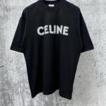 Celine T-Shirt Studded Logo Print Crew Neck Short Sleeve Black