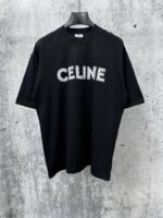 Celine T-Shirt Studded Logo Print Crew Neck Short Sleeve Black