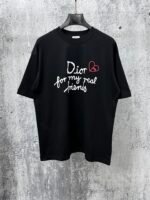 Dior T-Shirt Handwritten Logo & Heart Print Crew Neck Short Sleeve Black