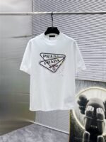 Prada T-Shirt Double Triangle Logo Print Crew Neck Black White - Image 4