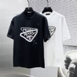 Prada T-Shirt Double Triangle Logo Print Crew Neck Black White