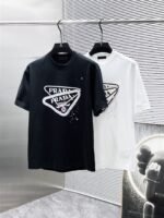 Prada T-Shirt Double Triangle Logo Print Crew Neck Black White