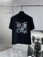 Louis Vuitton T-Shirt Sketch LV Logo Print Crew Neck Black White - Image 2