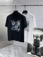 Louis Vuitton T-Shirt Sketch LV Logo Print Crew Neck Black White