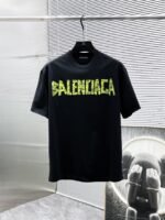 Balenciaga T-Shirt Distressed Logo Print Crew Neck Black White - Image 2