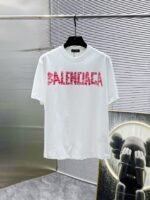 Balenciaga T-Shirt Distressed Logo Print Crew Neck Black White - Image 8