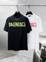 Balenciaga T-Shirt Distressed Logo Print Crew Neck Black White