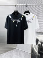 Louis Vuitton T-Shirt Charm Necklace Print Crew Neck Black White