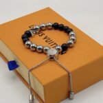 Louis Vuitton Beaded Onyx & Silver Bracelet with LV Charm