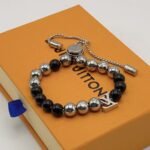 Louis Vuitton Beaded Onyx & Silver Bracelet with LV Charm - Image 2