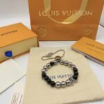 Louis Vuitton Beaded Onyx & Silver Bracelet with LV Charm - Image 5
