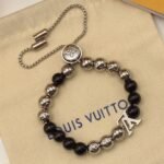 Louis Vuitton Beaded Onyx & Silver Bracelet with LV Charm - Image 4