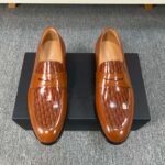 Dior Brown Glossy Jacquard Pattern Penny Loafer Men Casual Business Dress Shoes