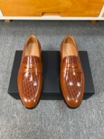 Dior Brown Glossy Jacquard Pattern Penny Loafer Men Casual Business Dress Shoes