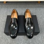 Dior Black Glossy Dark Jacquard Pattern Slip-On Penny Loafer Men Formal Casual Shoes