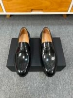 Dior Black Glossy Dark Jacquard Pattern Slip-On Penny Loafer Men Formal Casual Shoes