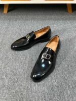 Dior Black Glossy Metal Buckle Slip-On Men Luxury Business Casual Loafer Dress Shoes - Image 6