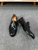 Dior Black Glossy Metal Buckle Slip-On Men Luxury Business Casual Loafer Dress Shoes - Image 5