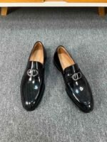 Dior Black Glossy Dark Jacquard Metal Buckle Slip-On Men Luxury Loafer Dress Shoes - Image 6