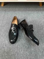 Dior Black Glossy Dark Jacquard Metal Buckle Slip-On Men Luxury Loafer Dress Shoes - Image 5