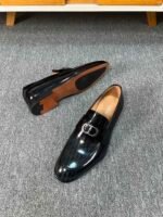 Dior Black Glossy Dark Jacquard Metal Buckle Slip-On Men Luxury Loafer Dress Shoes - Image 4