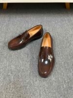 Dior Brown Glossy Mini Decor Buckle Slip-On Penny Loafer Men Formal Casual Shoes - Image 6