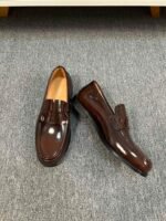 Dior Brown Glossy Mini Decor Buckle Slip-On Penny Loafer Men Formal Casual Shoes - Image 5