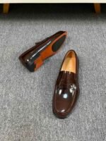 Dior Brown Glossy Mini Decor Buckle Slip-On Penny Loafer Men Formal Casual Shoes - Image 4