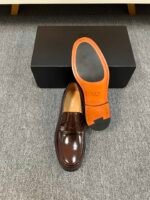 Dior Brown Glossy Mini Decor Buckle Slip-On Penny Loafer Men Formal Casual Shoes - Image 3