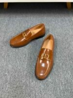 Dior Caramel Brown Glossy Gold Buckle Slip-On Men Luxury Business Casual Loafer Shoes - Image 6