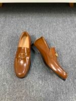 Dior Caramel Brown Glossy Gold Buckle Slip-On Men Luxury Business Casual Loafer Shoes - Image 5