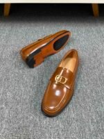 Dior Caramel Brown Glossy Gold Buckle Slip-On Men Luxury Business Casual Loafer Shoes - Image 4