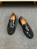 Dior Black Glossy Silver Metal Buckle Thick Sole Slip-On Men Luxury Loafer Dress Shoes - Image 2