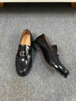 Dior Black Glossy Silver Metal Buckle Thick Sole Slip-On Men Luxury Loafer Dress Shoes - Image 5