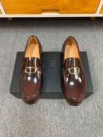 Dior Dark Brown Glossy Gold Buckle Thick Sole Slip-On Men Luxury Loafer Dress Shoes