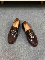 Dior Dark Brown Glossy Gold Buckle Thick Sole Slip-On Men Luxury Loafer Dress Shoes - Image 2