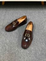 Dior Dark Brown Glossy Gold Buckle Thick Sole Slip-On Men Luxury Loafer Dress Shoes - Image 6