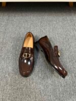 Dior Dark Brown Glossy Gold Buckle Thick Sole Slip-On Men Luxury Loafer Dress Shoes - Image 5