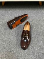 Dior Dark Brown Glossy Gold Buckle Thick Sole Slip-On Men Luxury Loafer Dress Shoes - Image 4