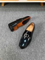 Dior Black Glossy Braided Silver Buckle Thick Sole Slip-On Men Luxury Loafer Dress Shoes - Image 4