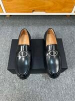 Dior Black Matte Leather Braided Silver Buckle Thick Sole Slip-On Men Loafer Dress Shoes
