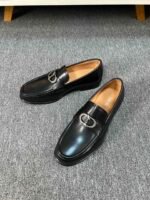 Dior Black Matte Leather Braided Silver Buckle Thick Sole Slip-On Men Loafer Dress Shoes - Image 6
