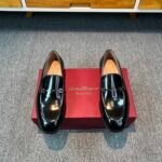 Ferragamo Black Glossy Horsebit Metal Buckle Slip-On Men Luxury Business Formal Loafer Shoes