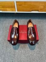 Ferragamo Brown Washed Glossy Leather Penny Loafer Slip-On Men Vintage Business Formal Shoes