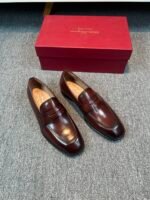 Ferragamo Brown Washed Glossy Leather Penny Loafer Slip-On Men Vintage Business Formal Shoes - Image 2