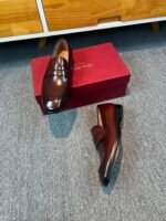 Ferragamo Brown Washed Glossy Leather Penny Loafer Slip-On Men Vintage Business Formal Shoes - Image 5