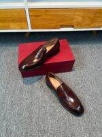 Ferragamo Brown Washed Glossy Leather Penny Loafer Slip-On Men Vintage Business Formal Shoes - Image 4